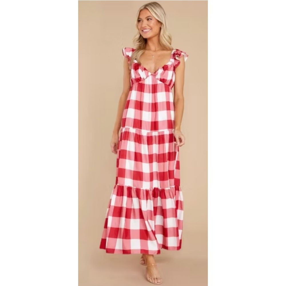 English Factory Women's Red Gingham Ruffle Sleeve Tiered Maxi Dress Size L NWT